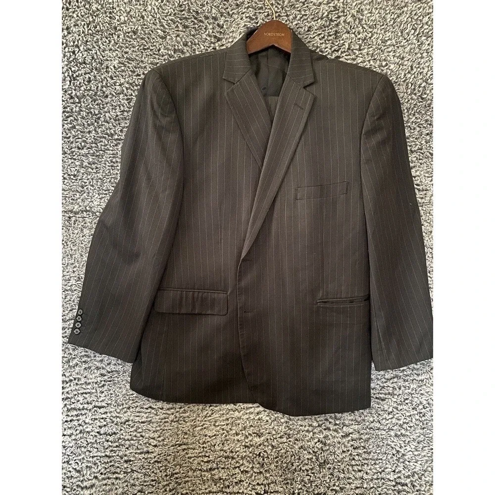 Cricketeer Suit Dark Gray Striped Wool Jacket Pants 2 Piece USA 48 R 46W /